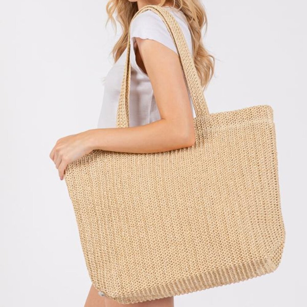 Solid Color Crochet Straw Tote Beach Bag - Beige/Natural